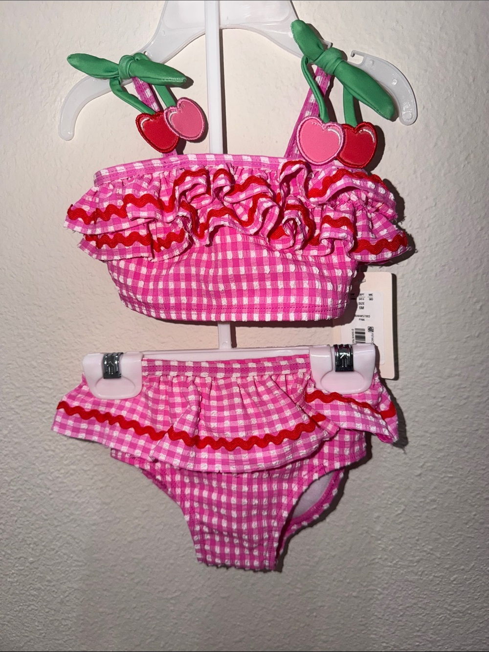 Pink Gingham Ruffle Baby Bikini with Cherry Accent